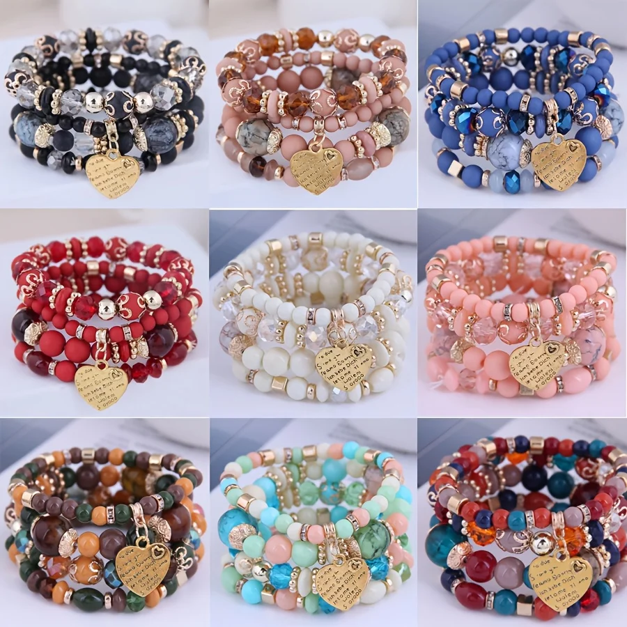 4/6/10 Set (4 Pieces per Set) Handmade Beaded Products Bead Bracelet with Heart Shape Pendant, Zinc Alloy Fashion Jewelry, Unplated, Colorful Layered Bead Bracelet Set, Perfect Valentine’s Day Gift