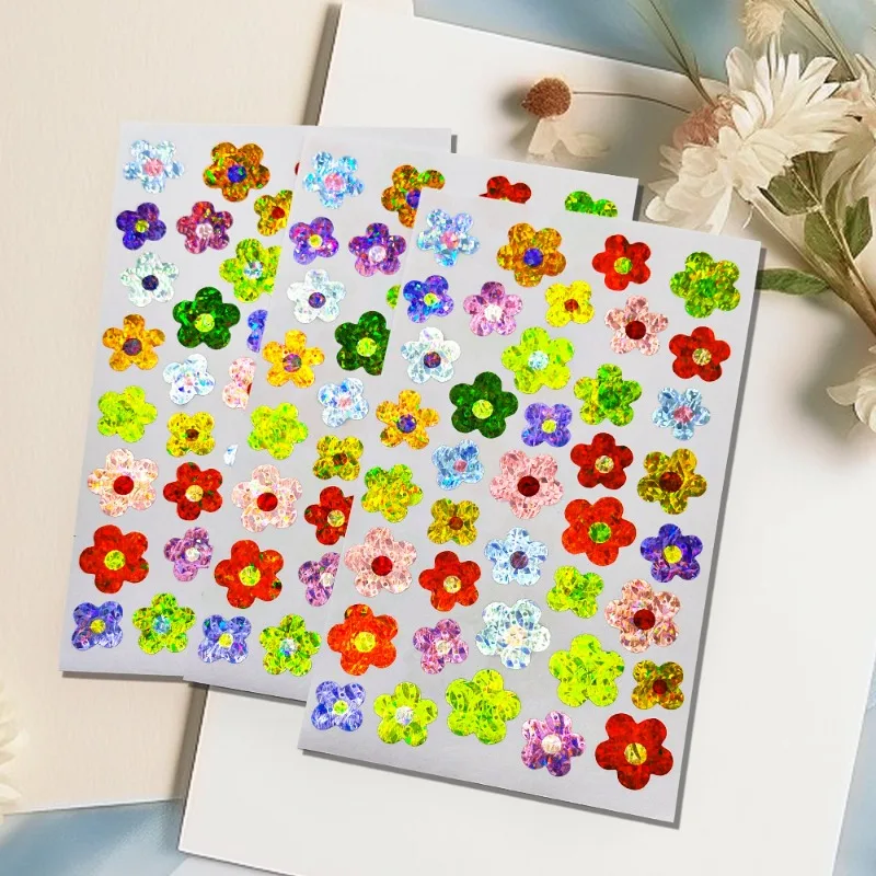 

390Pcs=10 sheets Mini Colorful Flower Lace Stickers Holographic Laser Floral Decorative Stickers