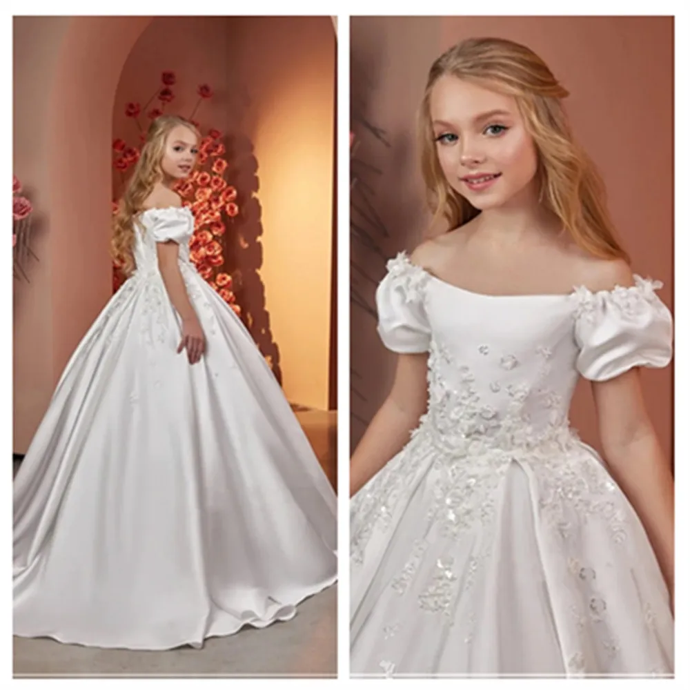 

Elegant Flower Girl Dresses for Wedding Satin Beaded Floral Classic Girl Kids Birthday Party First Holy Communion Gown