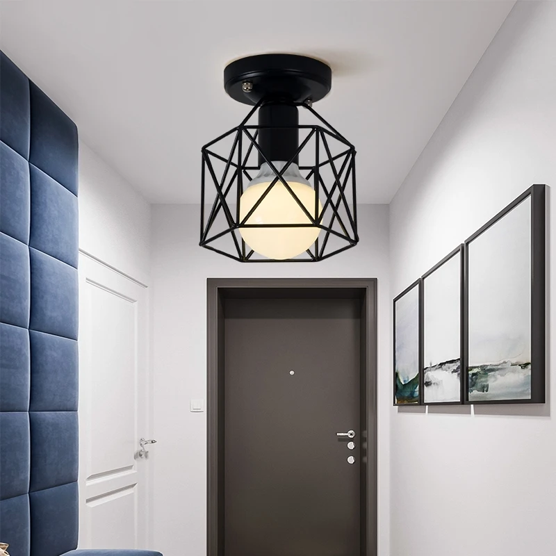 ضوء السقف E27 الحديد مصباح الجسم أضواء الإضاءة الداخلية للممر غرفة نوم خمر السقف قفص معدني تركيبات أضواء 110-240 فولت #2
