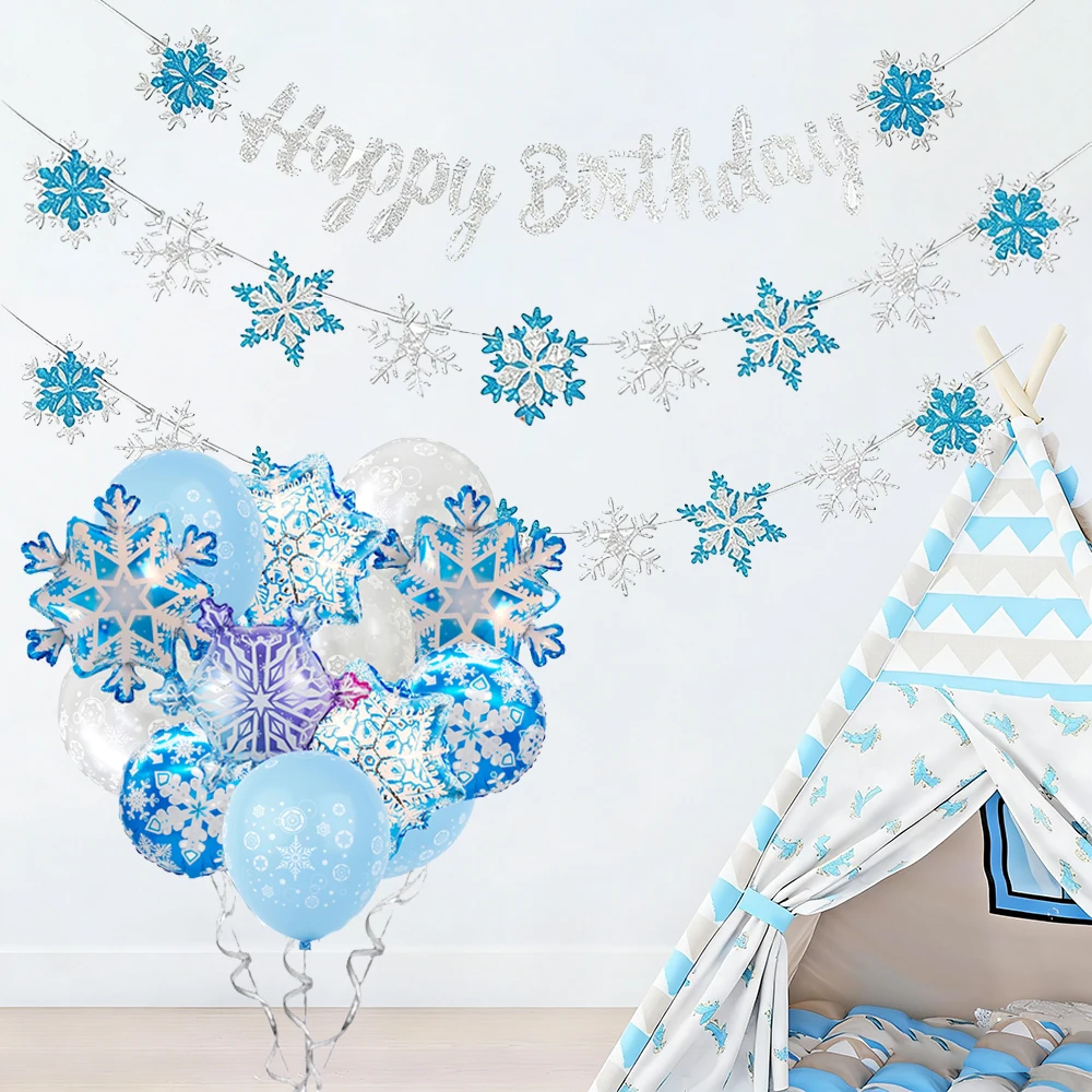 Floco de neve pendurado decorações feliz aniversário banner floco de neve balões natal inverno carnaval gelo neve tema fontes de festa