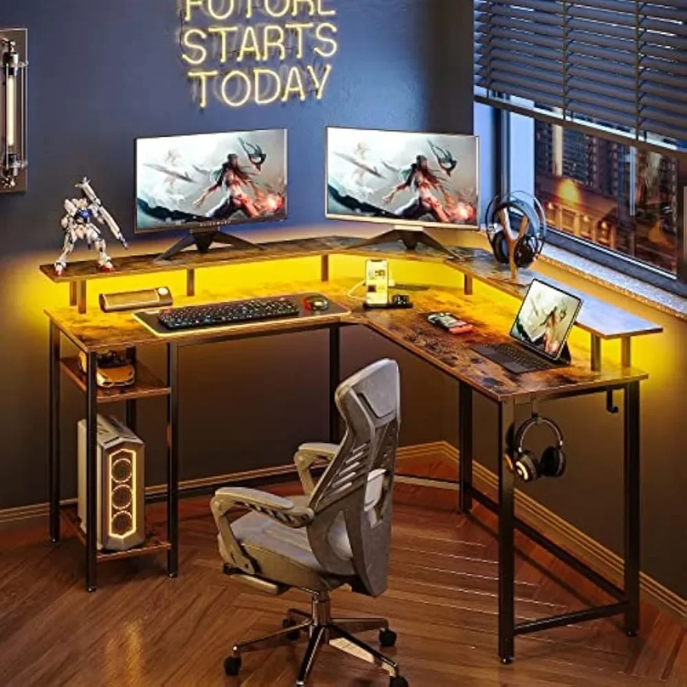 L Shaped Gaming Desk with LED Lights & Power Outlets, 56" Computer Desk with Full Monitor Stand & Storage Shelf, with Hooks