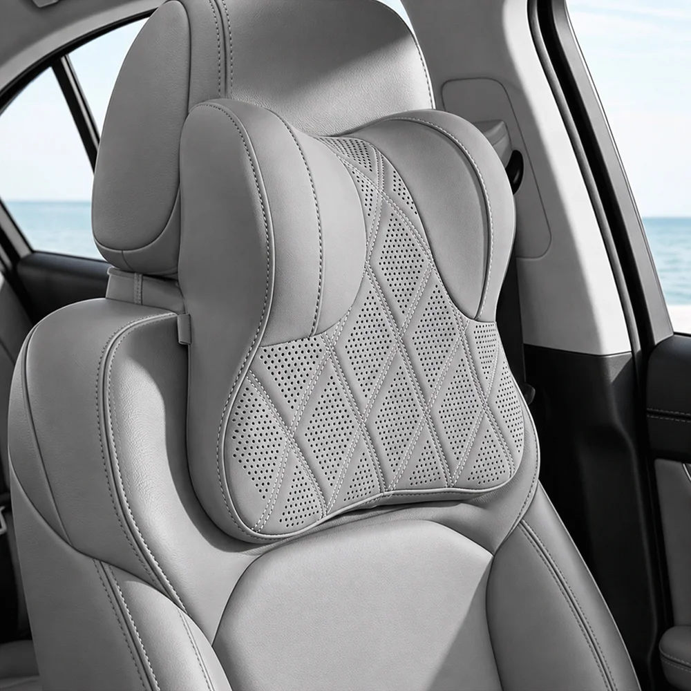 Autokopfstütze, atmungsaktives, perforiertes PU-Leder-Nackenkissen, ergonomisches, umschließendes Design zum Schutz des Nackens, weiches und bequemes Autositzkissen, geeignet für das tägliche Fahren und Reisen in Limousinen und SUVs. – Detail 9