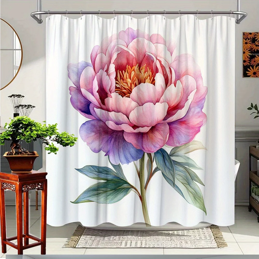 

1pc Elegant Peony Floral Shower Curtain - Vibrant Pink & Purple Design, Polyester Fabric, Includes 12 Hooks, 70. 8x70. 8 Inches,
