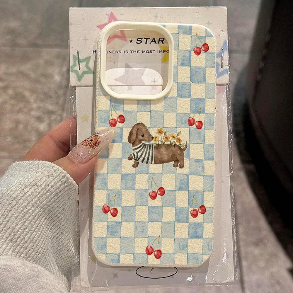 

Blue Checkered Cherry Dog Print Phone Case for iPhone 17 Pro Max 17 Pro 17 Air 16 15