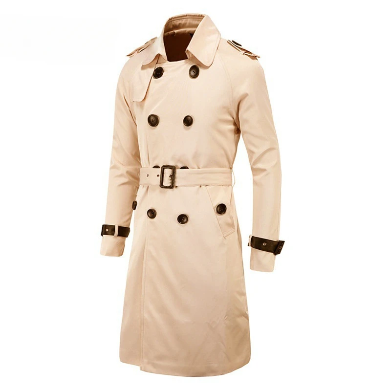 

Mens Spring Autumn Windbreak Overcoat Long Trench Coats with Belt Male Pea Coat Double Breasted Peacoat