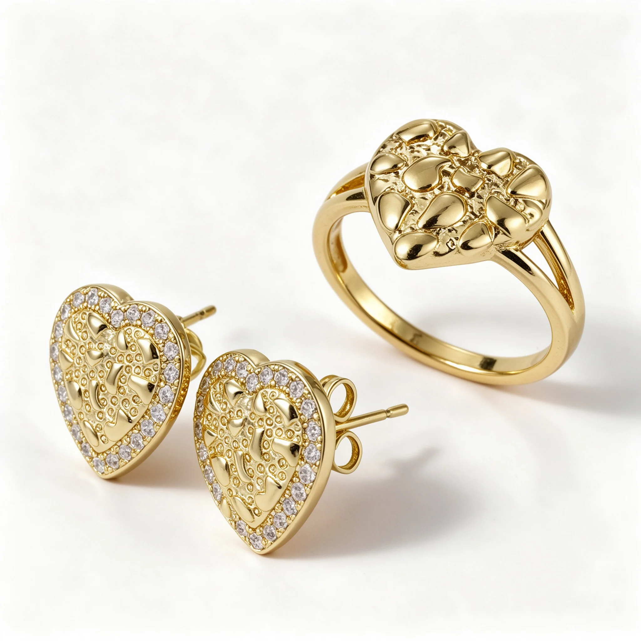 Women's 14k Gold Plated Heart Shape Nugget Earrings CZ Crystal Cubic Zircon Ring Jewelry Set Textured Rough Rap Style
