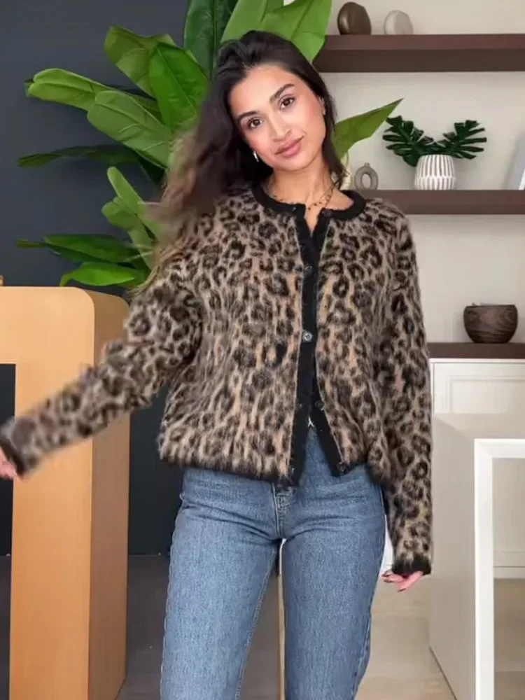 Elegant Sexy Single Breasted Long Sleeve Slim Coats Leopard Knitted Cardigan Jackets Women Fall Winter Lady Casaul Outwear 2024