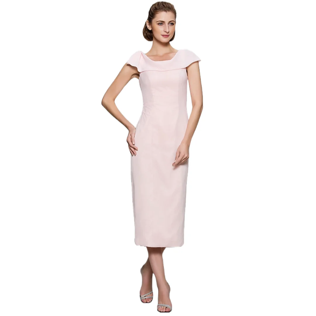 

Blush Pink Cap Sleeve Midi Dress with Elegant Collar Detail Simple Design Mother of the Bride or Groom Gown Wedding Party Formal