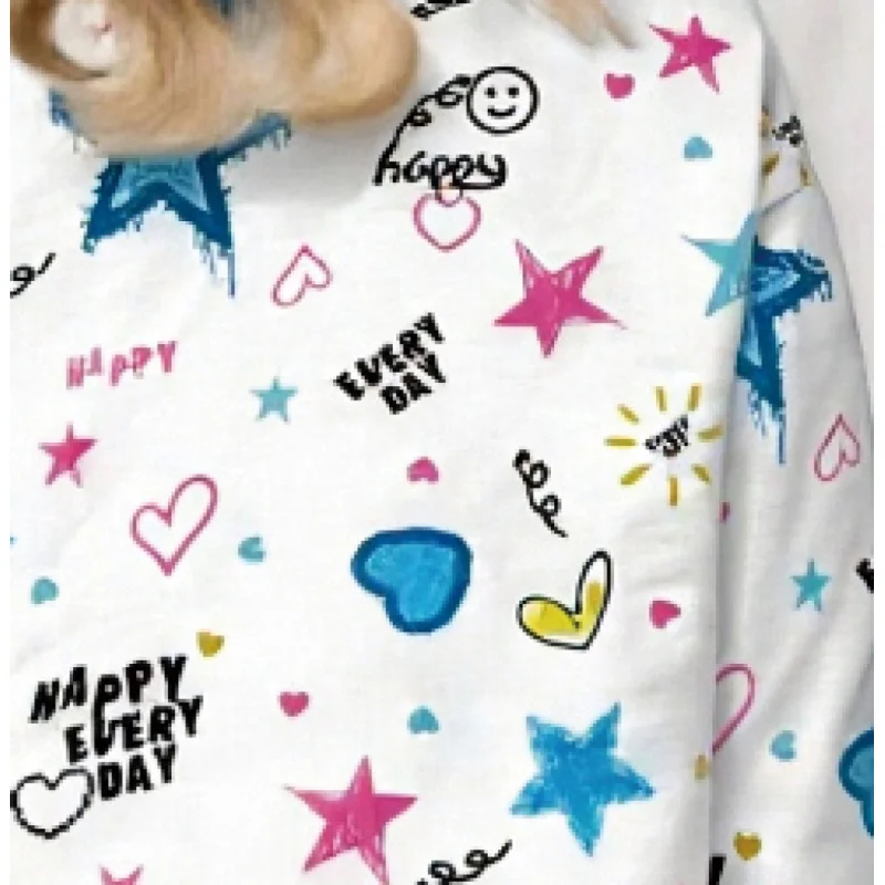 Moletom infantil casual com gola redonda – blusa branca de manga comprida com estrela azul, coração e estampa gráfica "feliz todos os dias"