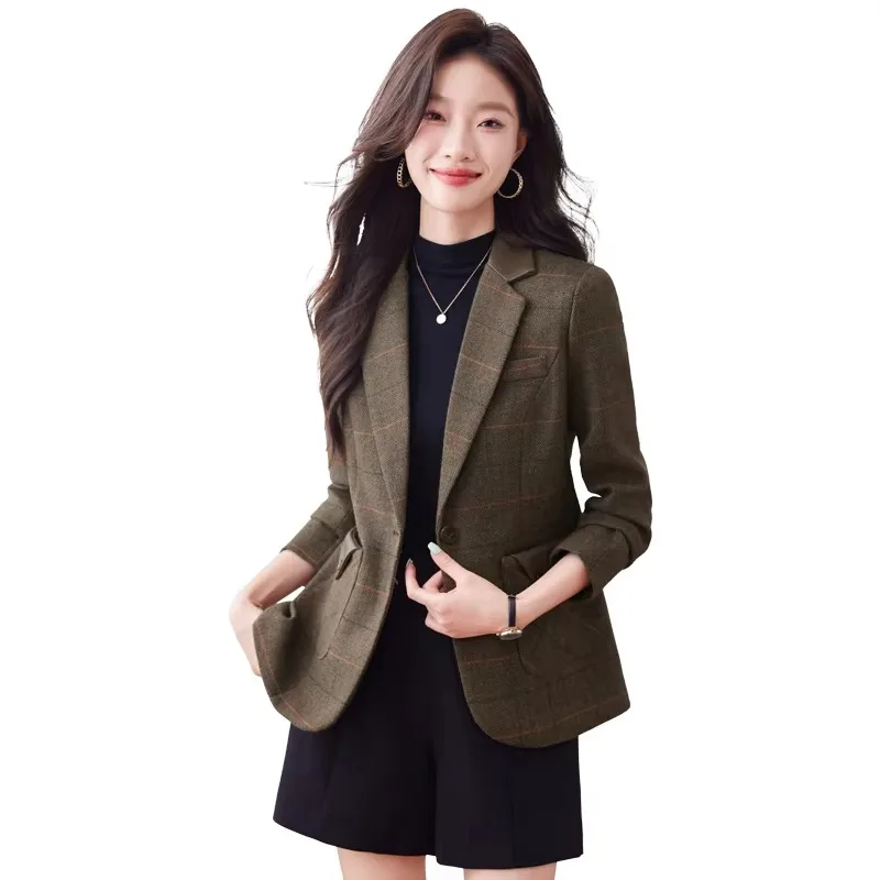 Insozkdg Koreanischer Stil, britischer karierter Anzug mit langen Ärmeln, Jacken für Damen, 2024, Herbst und Winter, neue Pendlermode, Einzelknopfjacke