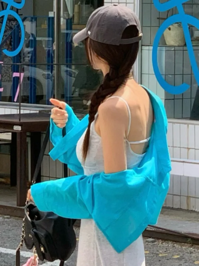 Dongda Gate Summer Loose Long Sve Pure Color irt Stand Collar Sun Protection Outerwear ort Sle Top for Small Figures
