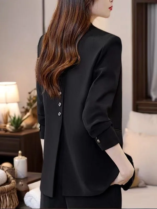 plus Size Women's Suit Jacket Casual Loose Korean Style Spring Autumn High Waist Pants Button up Cardigan Medium Weight Polye...