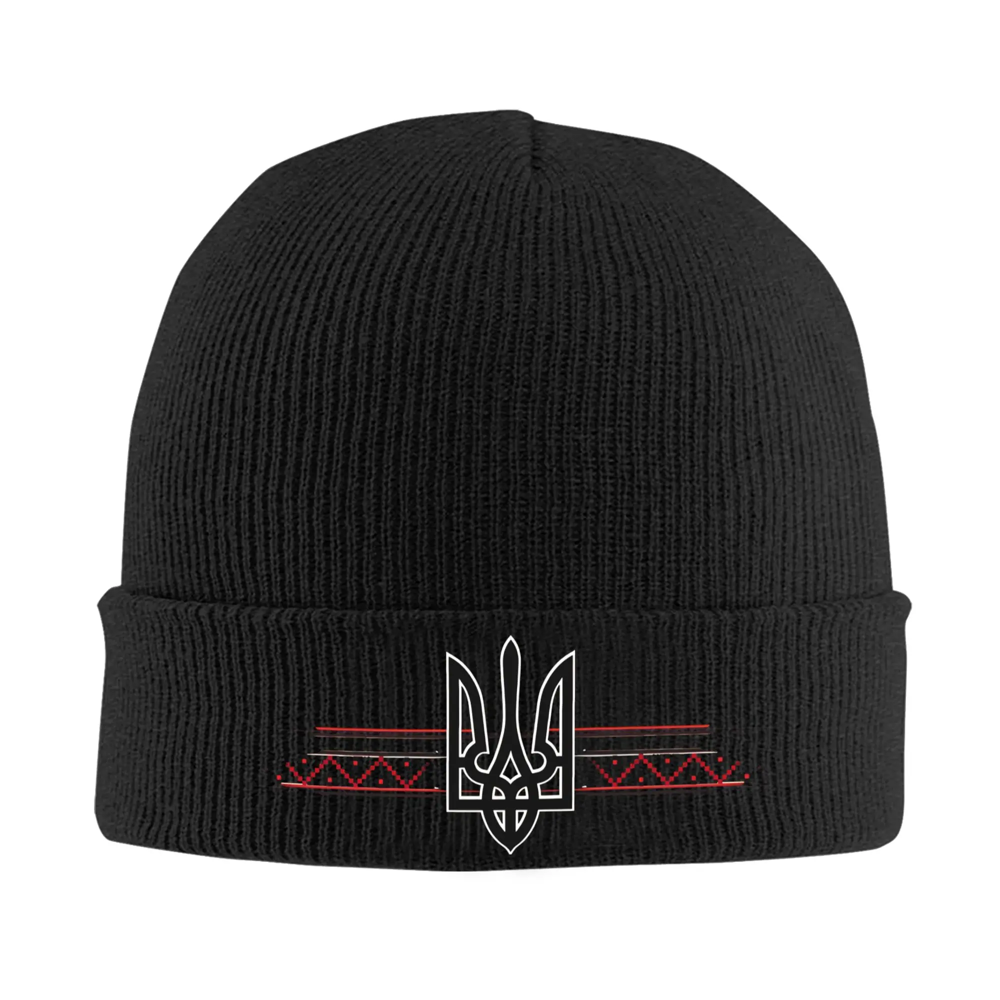 Ukrainian Tryzub Trident Vyshyvanka Beanie Hats Ukraine Knit Hat Unisex Adult Vintage Elastic Caps Autumn Gym Custom Bonnet Hats
