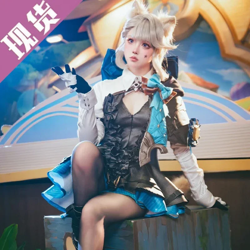 Lynette Cosplay Genshin Impact Costume Fontaine Lyney Leather Uniform Dress Long Hair Ears Skirt Glove Outfit Tail Magician