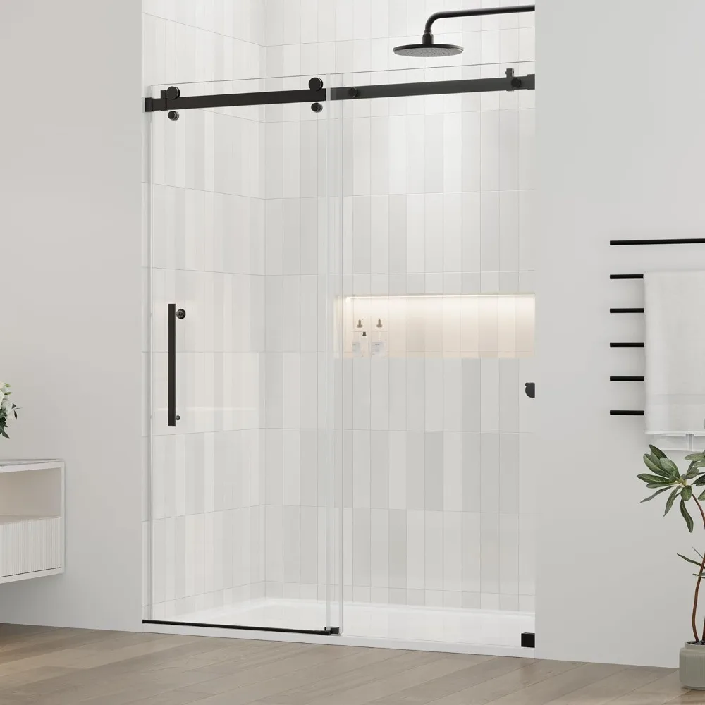 

Frameless Shower Door, Water Repellent Black Shower Door with Clear Tempered Glass, Easy Sliding Showe Door with Explosion