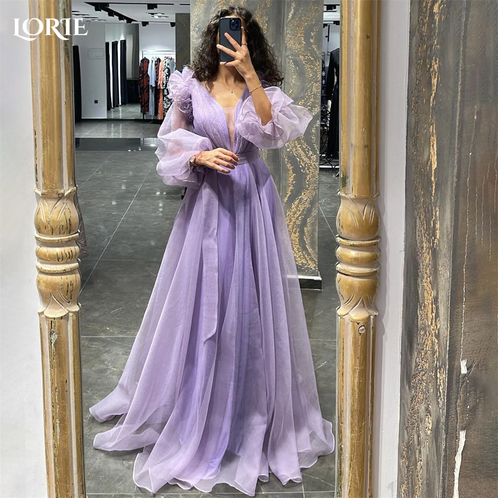 

LORIE Elegant Solid Formal Prom Dresses Deep V-Neck A-Line Puff Sleeves Pleated Evening Dress Saudi Arabia Dubai Party Gowns