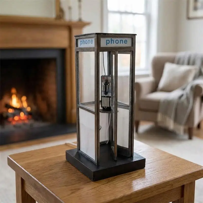 Classic Telephone Booth Table Lamp With Warm LED Light, Phone Box Decorative Night Light Retro Vintage Tall Phonebooth Lamp,