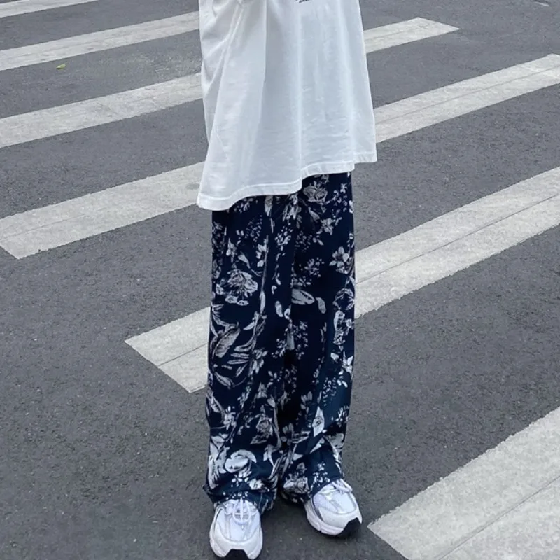 Womens Floral Printed Retro Beach Loose Trousers Korean Style Chic All-match Wide Leg Pants Oversize Casual Elegant Trendy Hot