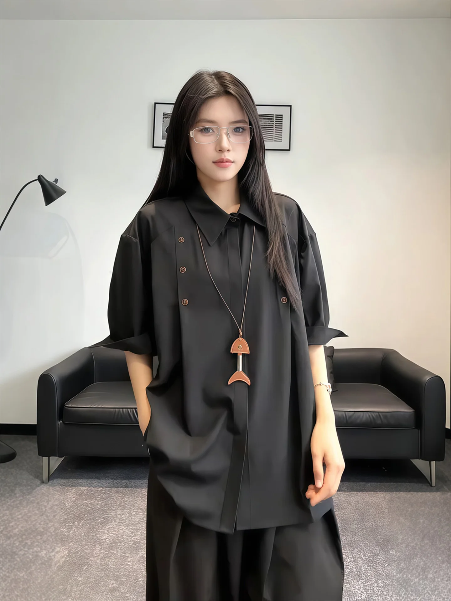 

Ice Silk Short Sleeve Shirt Button Design Casual Style Summer Fashion Men's Clothing Black Color Loose Fit Traditional Chines...