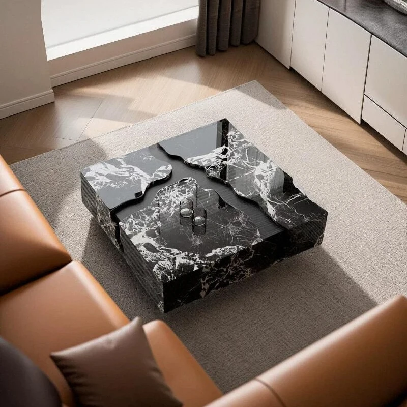 Italian Marble Coffee Table, Designer River Shape Natural Calacatta Viola Stone Coffee Table for Modern Living Room Home Decor