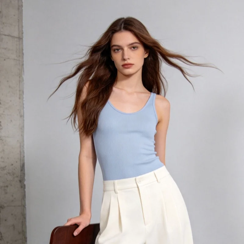 Birdtree Silk Blended Sling Solid Vest, Women Sleeveless U-neck 2026 Summer Autumn Tops, With Chest Pads Tank Tops T66629JF