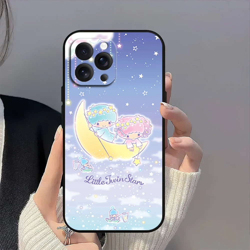 MINISO L-Little Twin S-Stars K-KiKi L-Lala Cute Phone Case for iPhone 12 11 14 15 13 16 Max Plus Pro Black Soft Silicone Cover