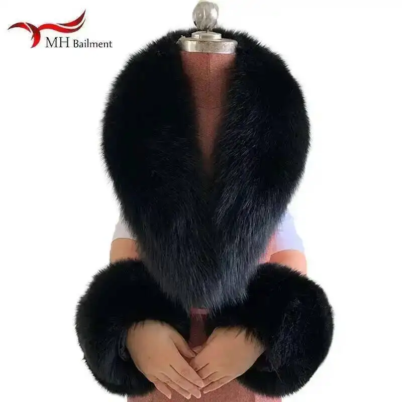

Women Winter 100% Natural Fox Fur Scarf And Cuff Set Jacket Collar Neck Warm Luxury Furry Scarves Warmers Fluffy Long Shawl