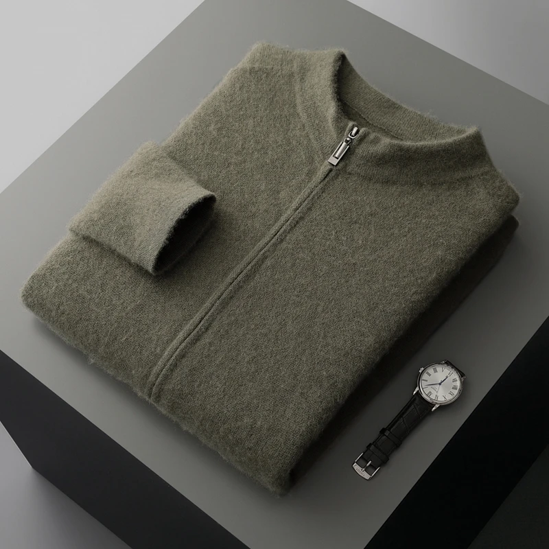 

New autumn winter men's stand up collar zipper cardigan 100% Merino wool knitted cardigan casual outdoor sports style jacket top