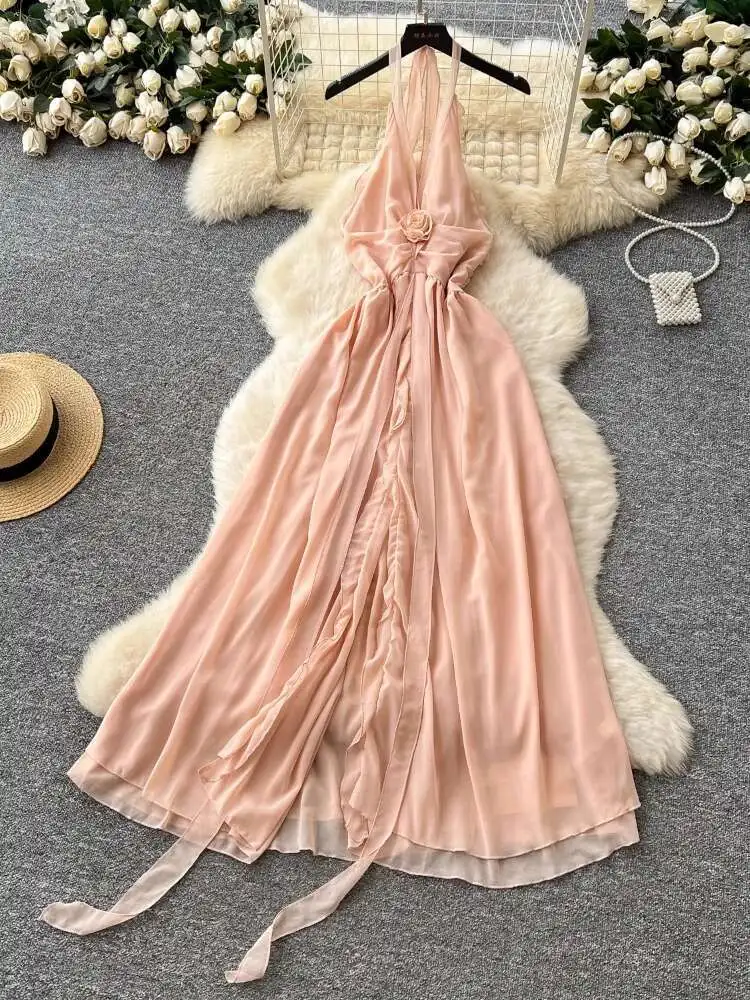 Frauen Sexy Chiffon Kleid Sommer V-ausschnitt Hängenden Hals Backless Split Strand Kleider Damen Schlank A-line Vintage Boho Lange Robe