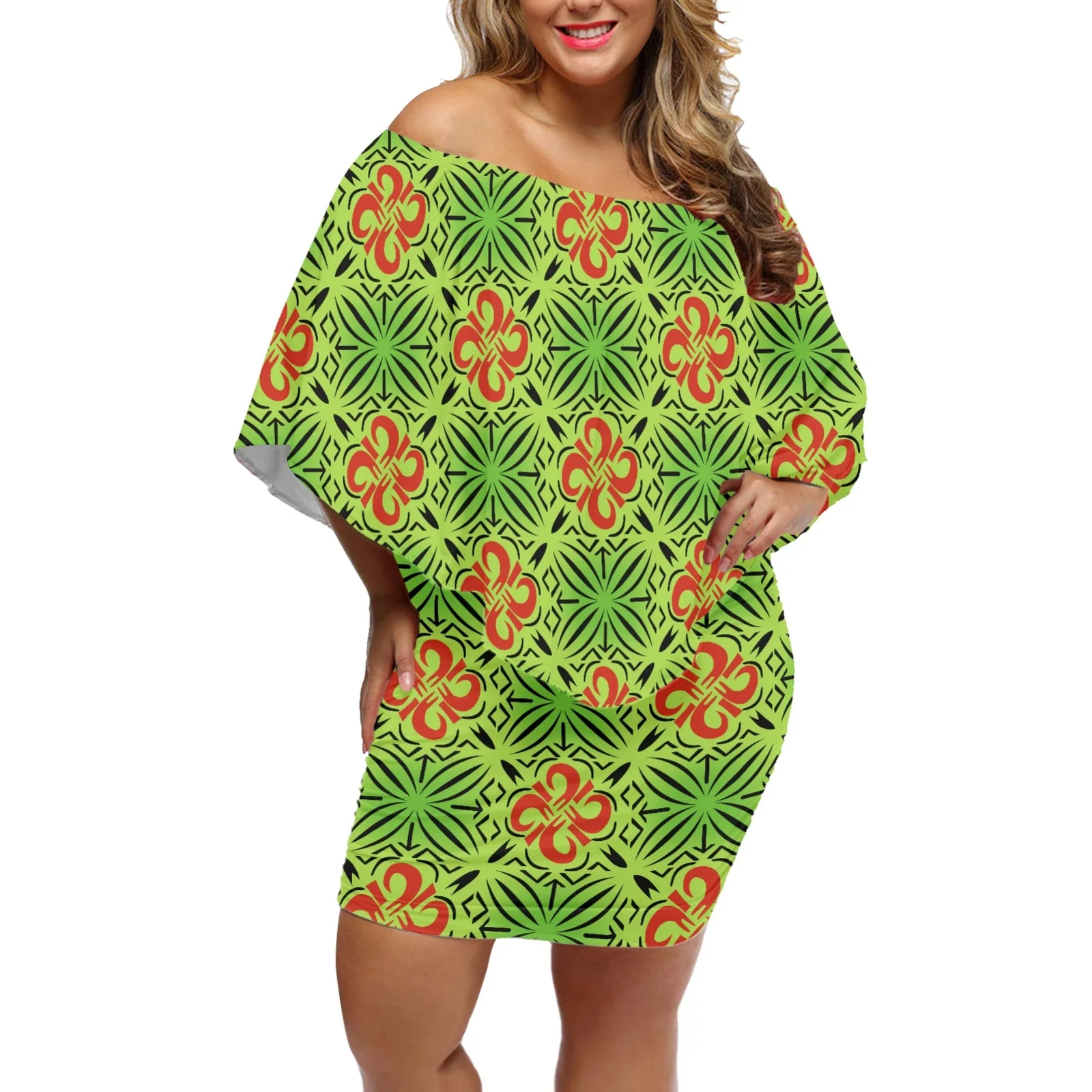 Summer Samoa Hawaii Tribes Women Party Dress Polynesian Tattoo Print Off Shoulder Bat Sleeves Bodycon Buttocks Dresses