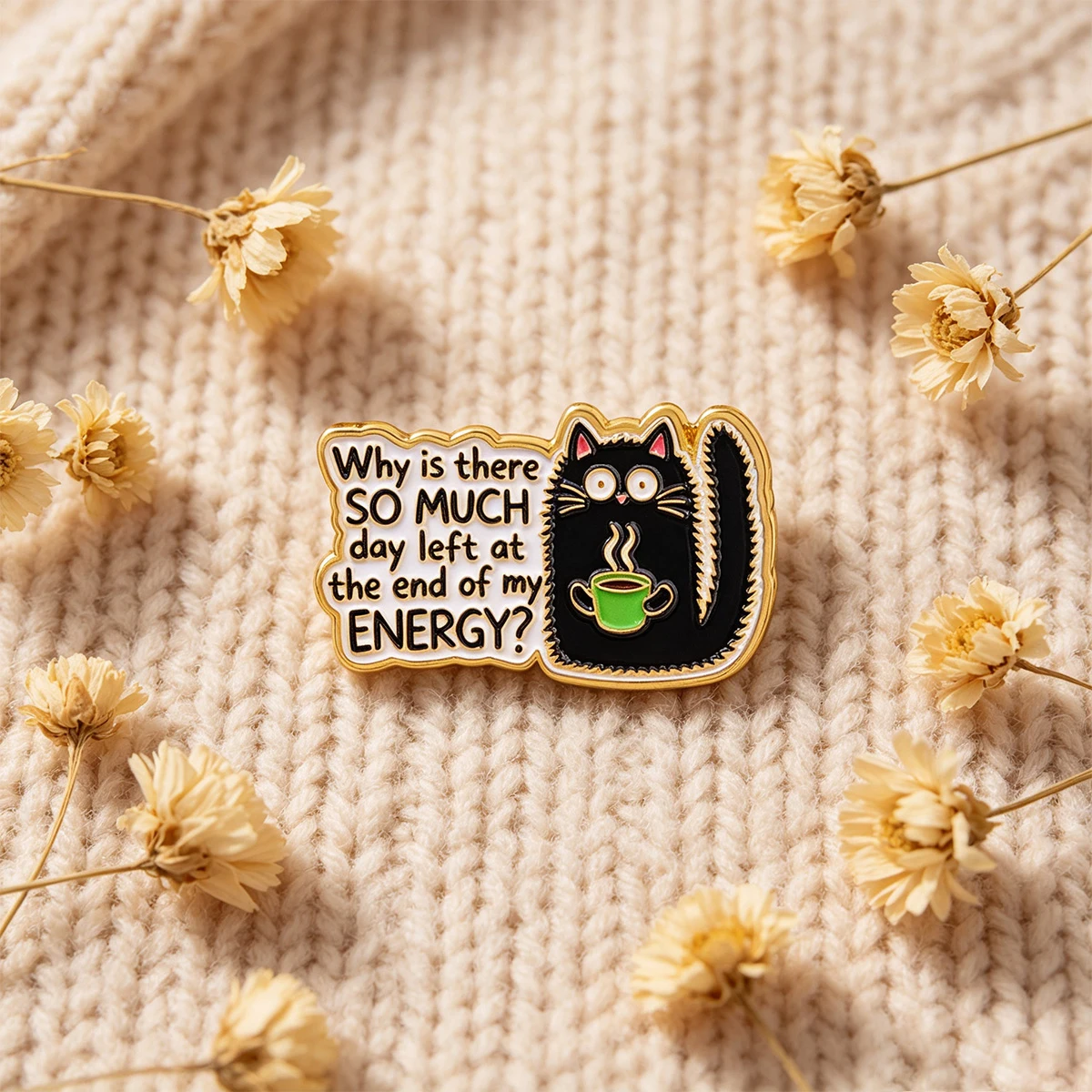 9pcs Funny Tired Black Cat Coffee Enamel Pin Sarcastic Quote Lapel Brooch Cartoon Animal Metal Badge Backpack Clothes Decor Gift