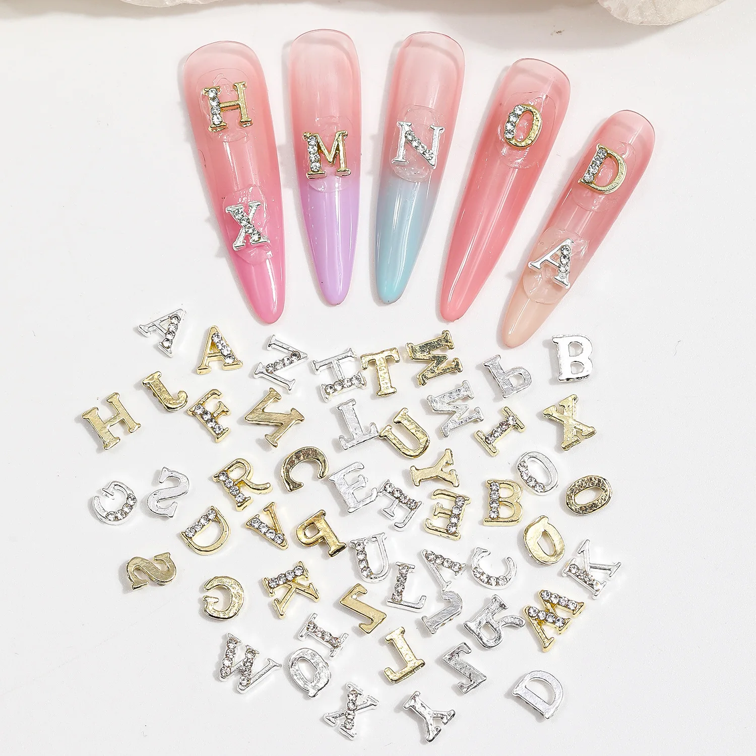 26Pcs/Set A-Z English Letter Rhinestone Nail Charms Silver 3D Glitter Manicure Accessories Alphabet Decorations Alloy Parts S26