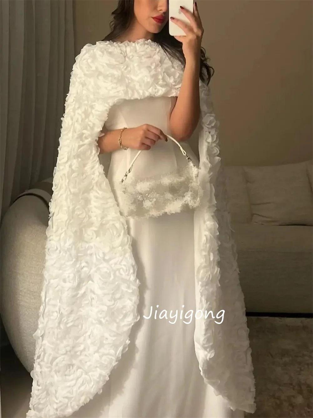 Customized High Quality Jersey Flower Pleat Trumpet Jewel Long Dresses Bespoke Occasion Party Fashion Modern Style