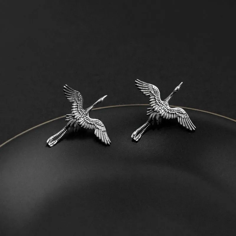 925 Sterling Silver Vintage Art Fashion Flying Crane Birds Thai Silver Stud Earrings For Women Girl Pendientes TYB160