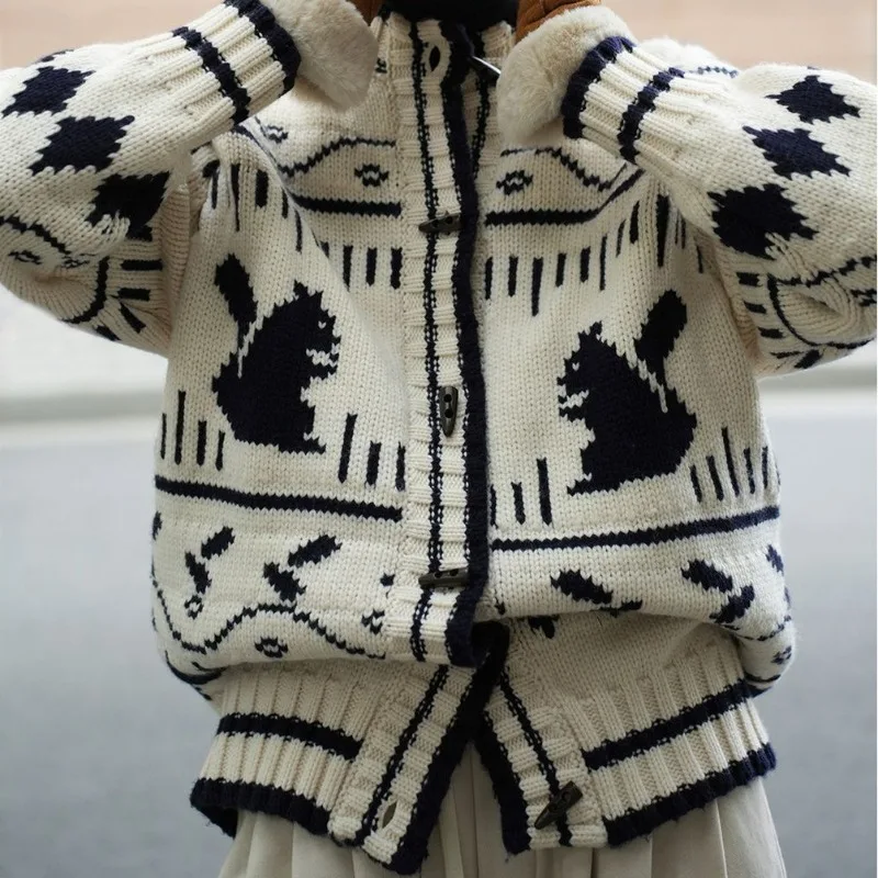 Matakawa Horn Button Print Animals Women Cardigans Vintage Autumn Winter Elegant Sweaters Korean Fashion Sweet Knitwears