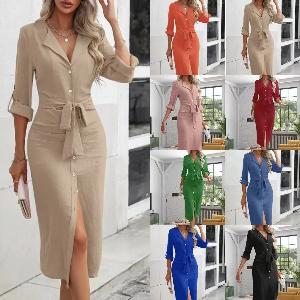 AliExpress Europe and the United States new autumn solid color lapel waist tie temperament slit dress women