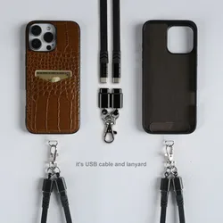 Handmade Genuine Leather Phone Case for iPhone 16 Pro Max 15 14 13 12 11 Multi-functional Versatile Lanyard USB Charging Cable