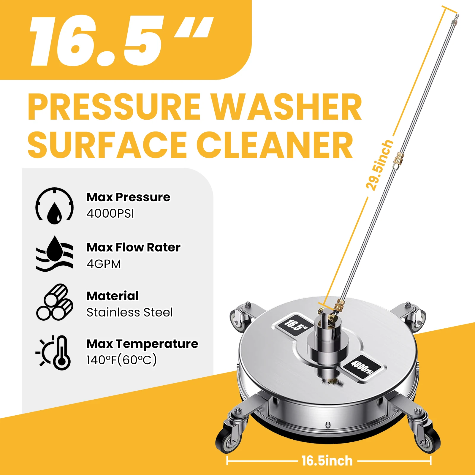 16.5''Pressure Washer Surface Cleaner 4 Wheels Stainless Steel Heavy Duty 4000PSI 2 Pressure Washer Extension Wand Attachments