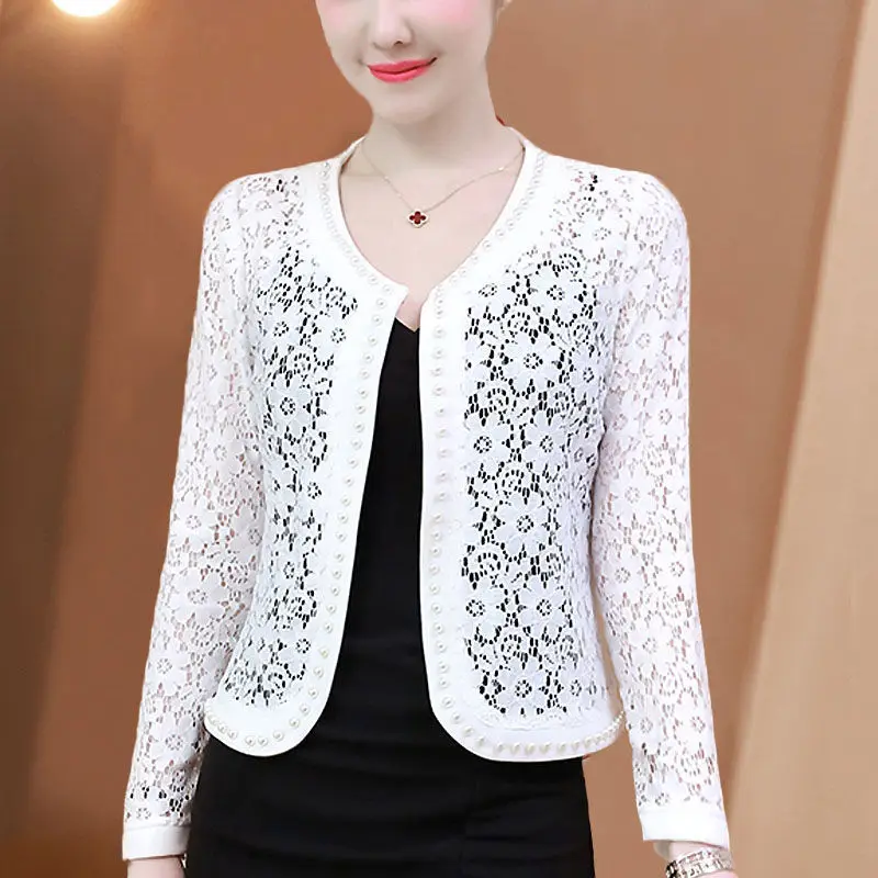 Elegant O-Neck Hollow Out Beading Cardigan Lace Shirt Women\'s Clothing 2023 Autumn New Oversized Casual Tops Office Lady Blouse