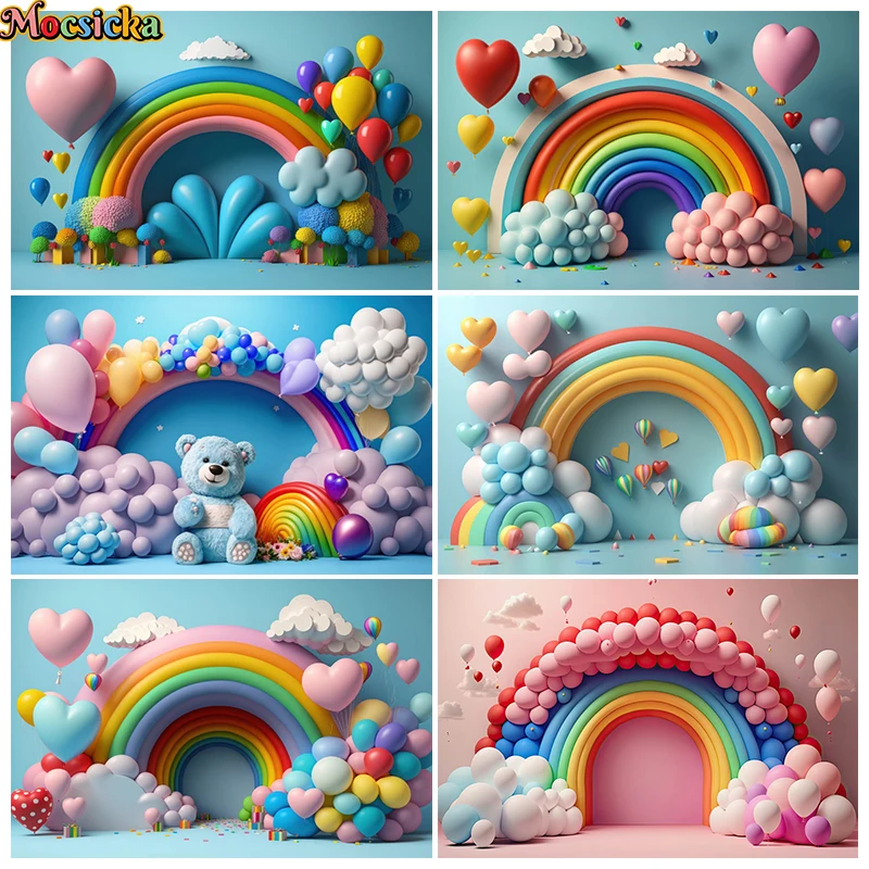 

Mocsicka 3D Rainbow Balloon Photography Background For Baby Shower 1st Birthday Party Decoration Cake Smash Background Banner