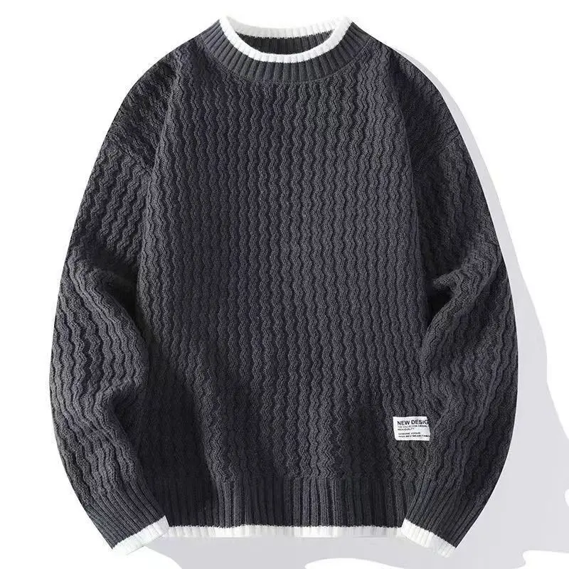 Men's autumn and winter retro laid-back knitted sweater, round-neck warm sweater, hand-knitted trendy base layer for teenagers