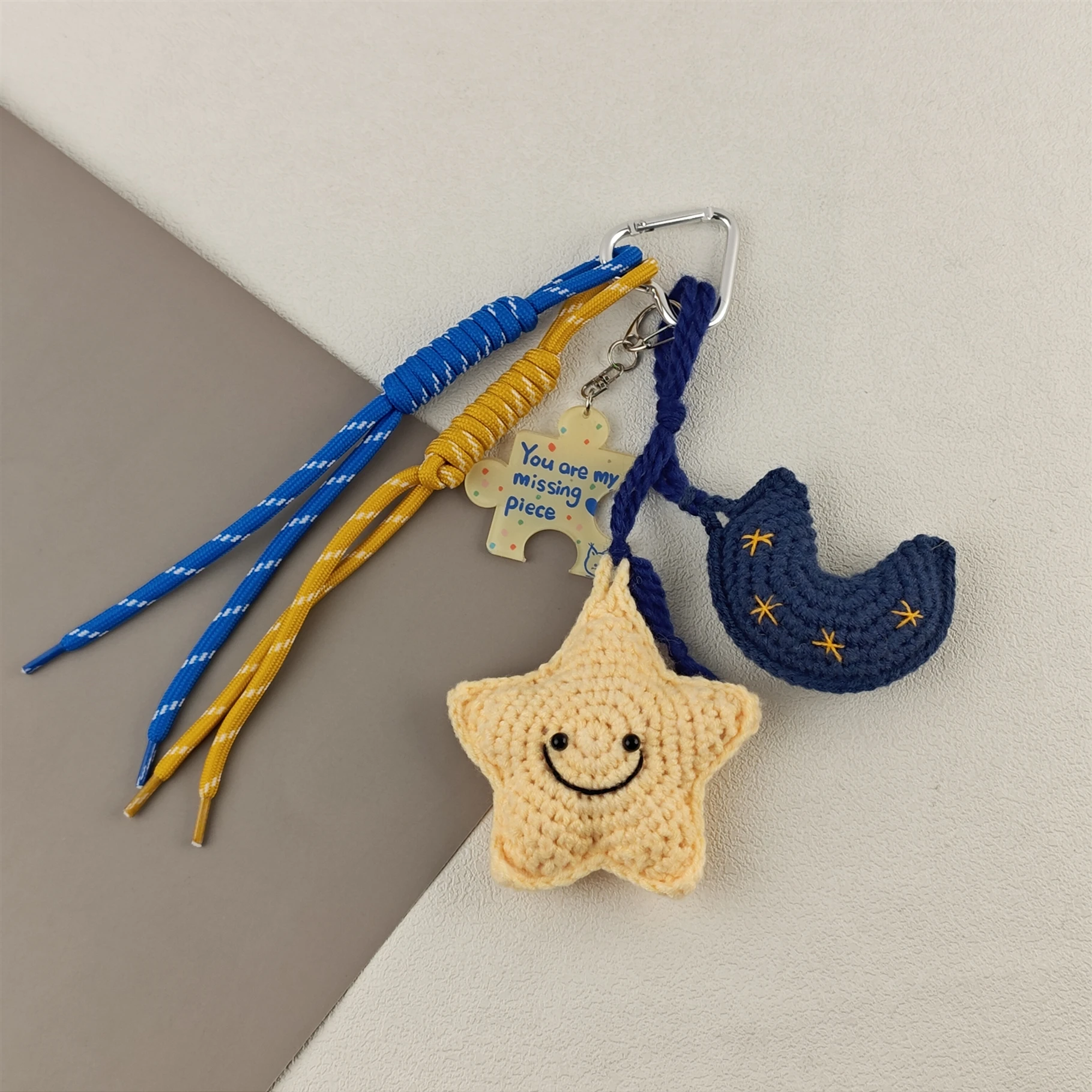 Hand Woven Smiling Face Star Moon The Sun High-Quality Bag Pendant Key Chain Blue Yellow Collocation Accessories Gift