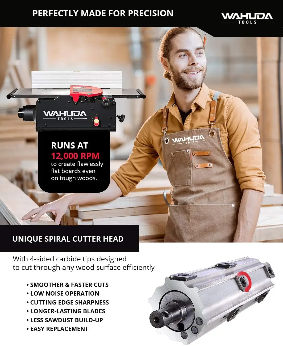 

Spiral Cutterhead Portable w/Cast Iron Tables & 4-Sided Carbide Woodworking for All Wood Types