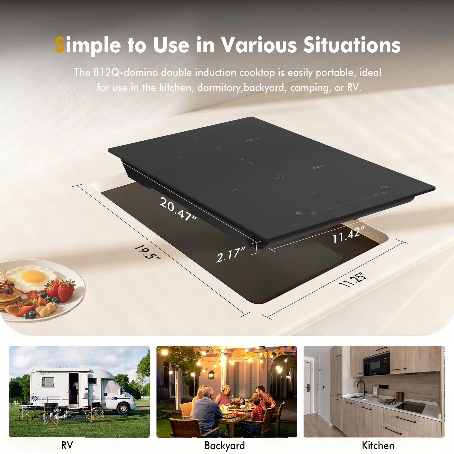 Black Half-Bridge Drive Glass Surface 2-Burner 7200W Household Embedded Induction Cooktop