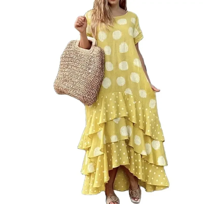 

Elegant Polka Dot Print Multi-layer Patchwork Hem Dresses Side Pocket Dress Summer O Neck Pullover Short Sleeve Female Long Gown