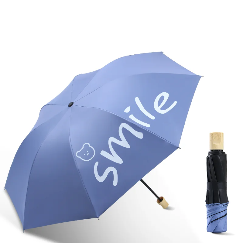 Standard 8-Rib Manual Folding Umbrella with Smiling Bear Print, Black Glue Coated UV Protection Sun & Rain Dual Use