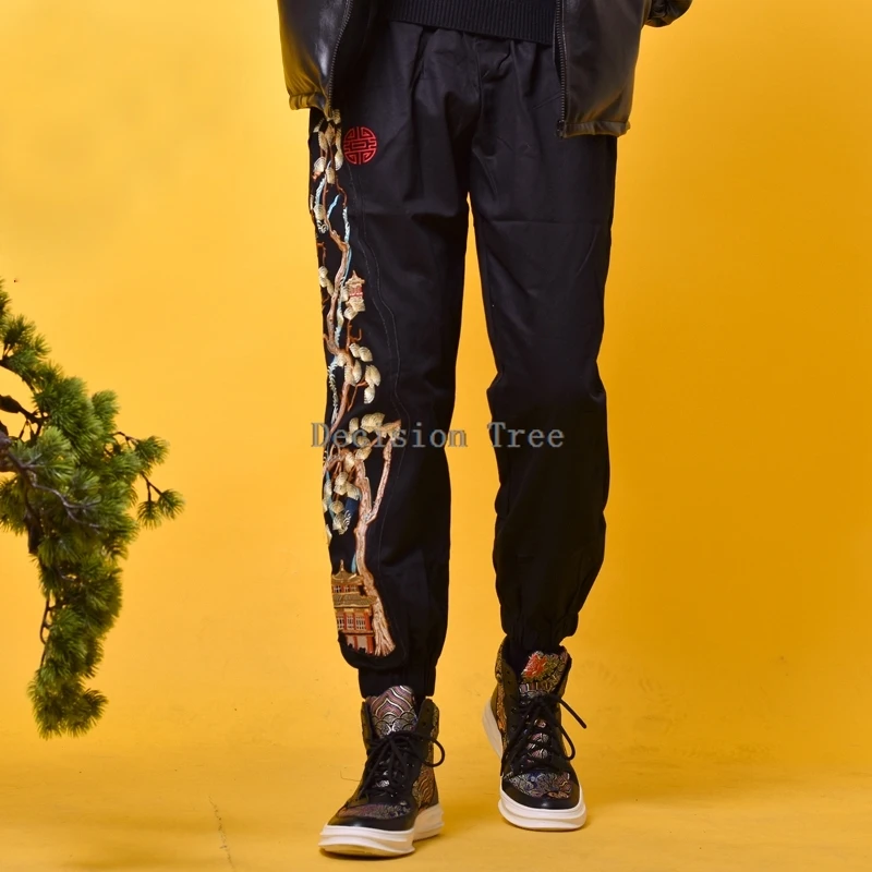 

Изысканные брюки-клеш в китайском стиле с вышивкой, свободные брюки унисекс для отдыха, тренировочные брюки для боевых искусств Changquan