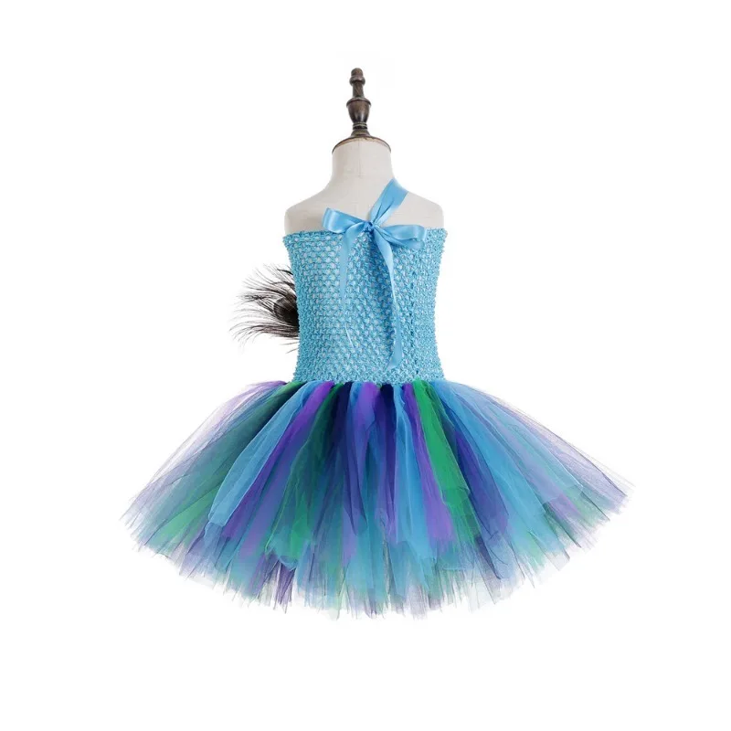 Flower Feathers Girls Peacock Tutu Dress Kids Tulle Princess Peacock Costume for Girls Pageant Halloween Birthday Party Gown BC