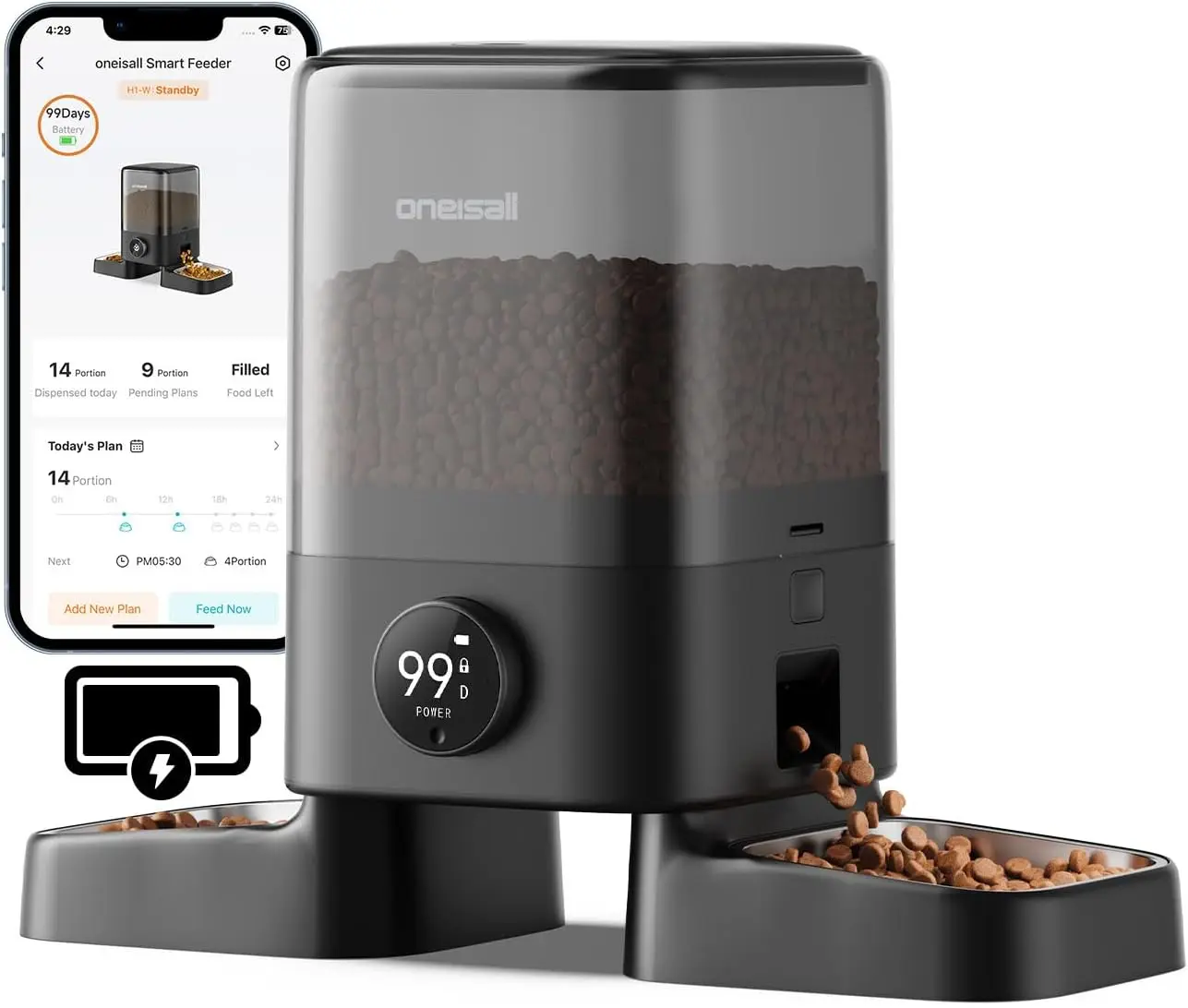 

Cordless 2.4Ghz WiFi Cat Feeder for 2 Cats, Rechargeable 100-Day Battery, 5L Timed Food Dispenser, Smart App Control